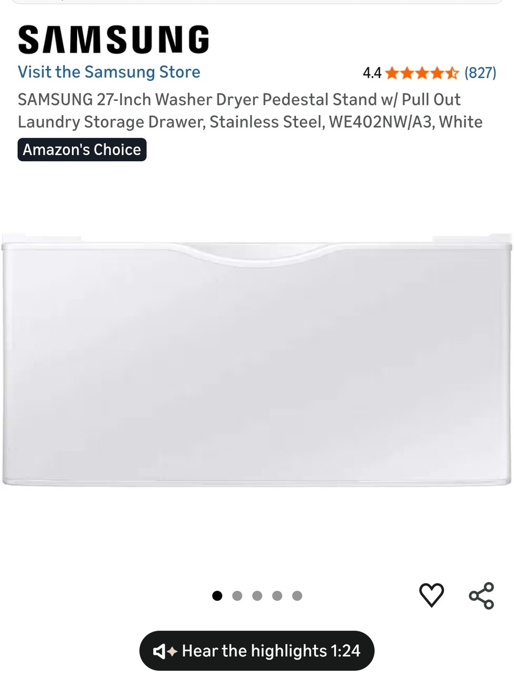Samsung White Washer/Dryer Pedestal with Pull-Out Drawer